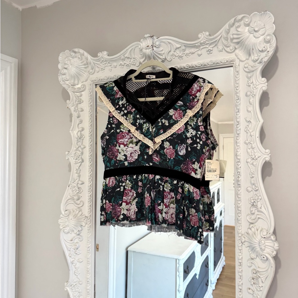 NWT $610 Manoush Floral Lace-Trim Noir Drama Sleeveless Peplum Ruffle Top